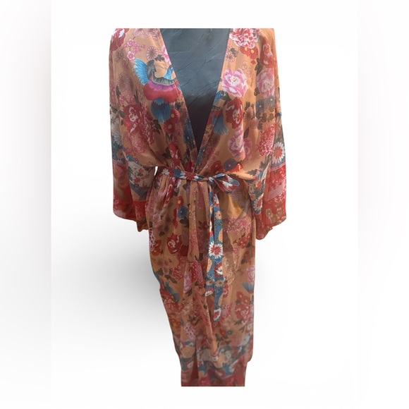 Boho Floral Kimono Duster Belted Beach Cover Up Peony Bird Print - Picture 2 of 4